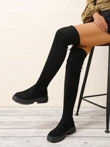 Ladies' Suede Over-the-knee Boots With Lace-up And Tight Fitting Design - Black - View 2