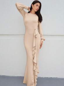 SHEIN Privé 荷葉邊燈籠袖垂墜魚尾裙下擺洋裝 - 杏色 - 查看 1