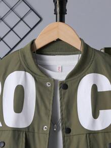 SHEIN 男大童字母圖案翻蓋細節夾克和褲子不帶T恤