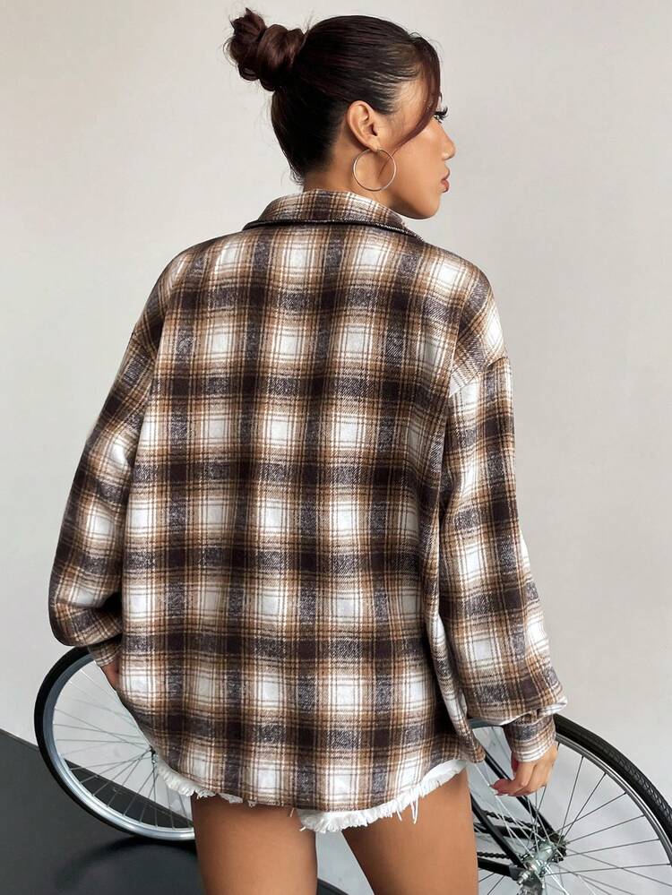 Plaid & Letter Graphic Drop Shoulder Button Front Coat Fall Cloth For Women