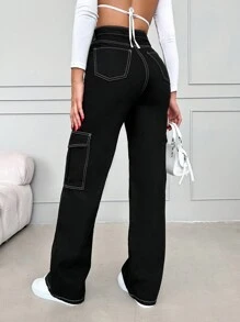 RueChic High Waist Top-stitching Flap Pocket Side Cargo Jeans - Black - View 2