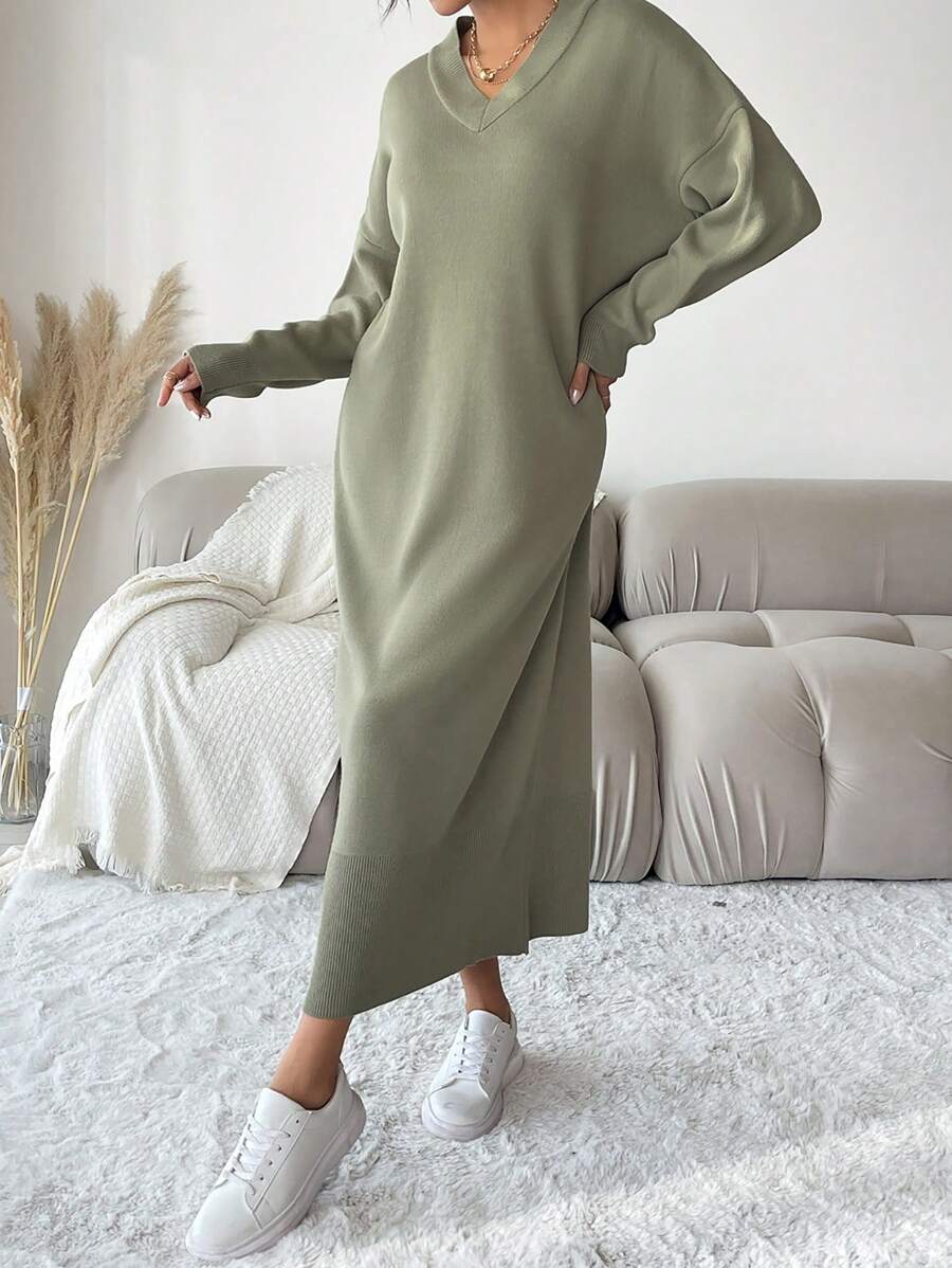 EURMUSE Drop Shoulder Split Hem Sweater Dress - Green - View 1
