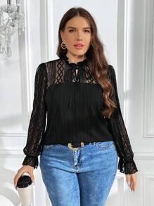 SHEIN Clasi 大碼蕾絲拼接喇叭袖繫帶領襯衫 - 黑色 - 查看 4