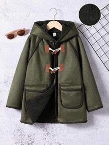SHEIN Tween Boy Duffle Button Double Pocket Contrast Binding Hooded Coat,In Fall/Winter