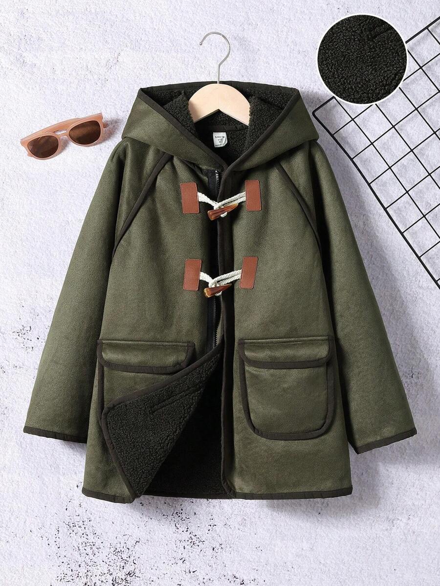 SHEIN Tween Boy Duffle Button Double Pocket Contrast Binding Hooded Coat,In Fall/Winter