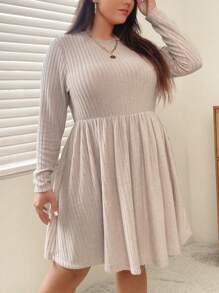 SHEIN Essnce Plus Solid Ribbed Knit A-line Dress - Apricot - View 5