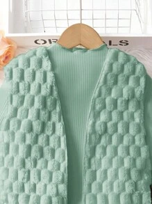 SHEIN Tween Girl Solid Mock Neck Lettuce Trim Tissue Dress & Open Front Jacket - Green - View 5