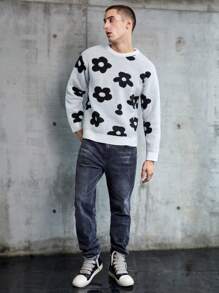 Manfinity Unisex Nam 1 Miếng Mô hình hoa Thả vai Áo len - trắng - Xem 3