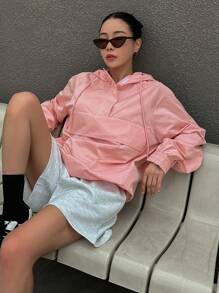 Dazy Star 素色半拉鏈抽繩連帽夾克 - 粉色 - 查看 4