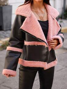 EURMUSE Teddy Lined Zip Up Moto Jacket - Black - View 3