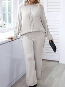 Calvaya Plus Cable Knit Raglan Sleeve Sweater & Knit Pants, For Winter Fall Cloth For Women - Light Grey - View 5