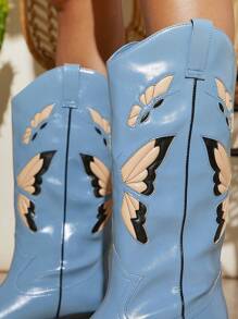 SHUZIA 人造皮革刺繡細節靴，女士牛仔靴 - 藍色 - 查看 4