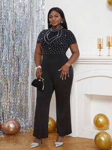 SHEIN Lady 大碼珍珠串珠小高領連身褲 - 黑色 - 查看 4