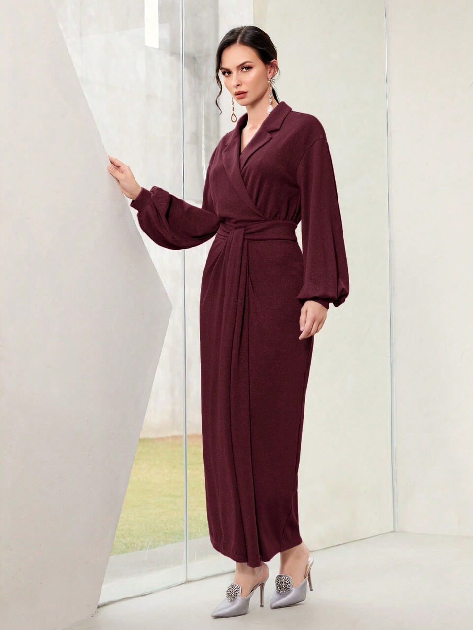 Burgundy Red Lapel Neck Lantern Sleeve Twist Front Arabian Dress