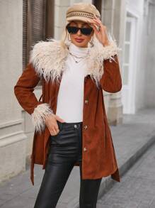 Chiquease 毛茸邊腰帶燈芯絨大衣 - 棕色 - 查看 1