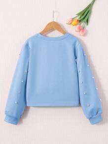 SHEIN Tween Girl Pearls Beaded Knot Hem Sweatshirt - Baby Blue - View 2