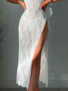 SHEIN Swim Women's See Through Mesh Shell Edge High Slit Maxi Kimono Dress - White - View 4