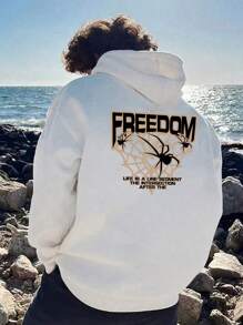 Men Slogan & Spider Graphic Drop Shoulder Hoodie, For Halloween - White - View 1