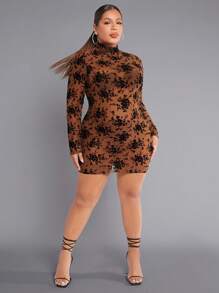 SHEIN SXY Vestido Bodycon De Cuello Alto Y Malla Con Estampado Floral Y Flocado, Atuendo Sexy Para Mujeres En El Club O En Fiestas De Año Nuevo