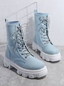 SHUZIA Minimalist Lace-up Front Combat Boots - Blue - View 2