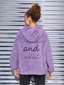 SHEIN Teen Girl Letter Embroidery Drop Shoulder Hoodie - Purple - View 5