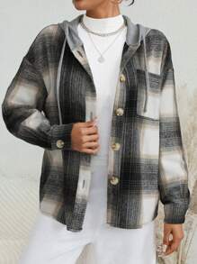 SHEIN Essnce 格紋印花落肩袖抽繩連帽外套 - 黑與白 - 查看 1