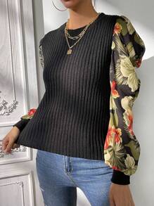 SHEIN Clasi Pull à côtes avec motif floral, pour l'automne et l'hiver - Noir - Voir 4