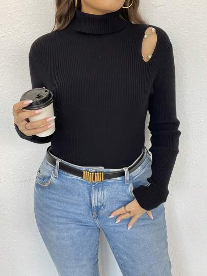 SHEIN LUNE Plus Turtleneck Cut Out Sweater Knit Pullover Fall Winter Sweater