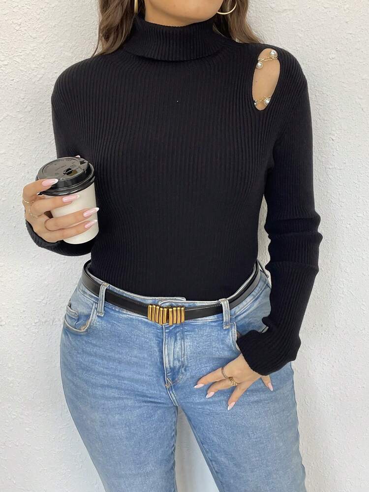 Plus Turtleneck Cut Out Sweater Knit Pullover Fall Winter Sweater