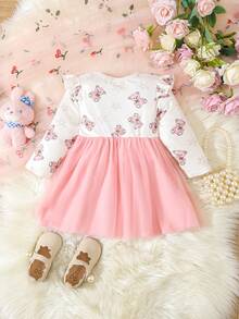 Đứa bé gái In Gấu Viền Ruffle Lưới Hem Đầm - Nhiều màu - Xem 2