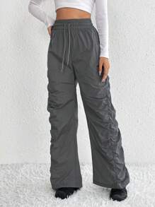 SHEIN Tall Drawstring Waist Ruched Parachute Pants - Grey - View 3
