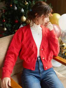 Knit Mix 1入組素色前紐扣開襟衫 - 紅色 - 查看 1