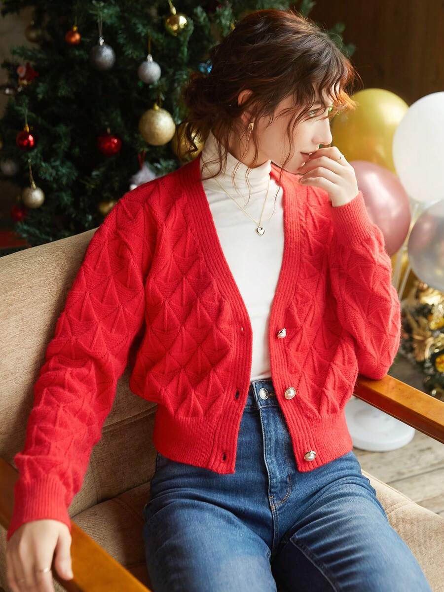 Knit Mix 1入組素色前紐扣開襟衫 - 紅色 - 查看 1