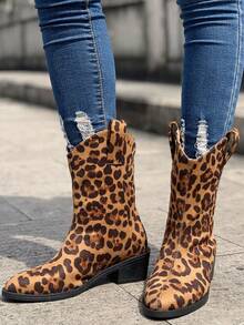 Women's Mid-calf Leopard Print Boots - Brown - View 2
