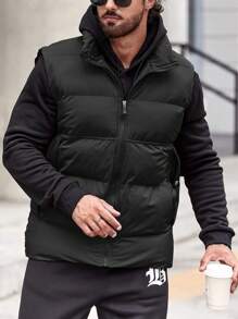 Manfinity 1pc Loose Fit Men's Zip Up Puffer Vest Coat - Black - View 5