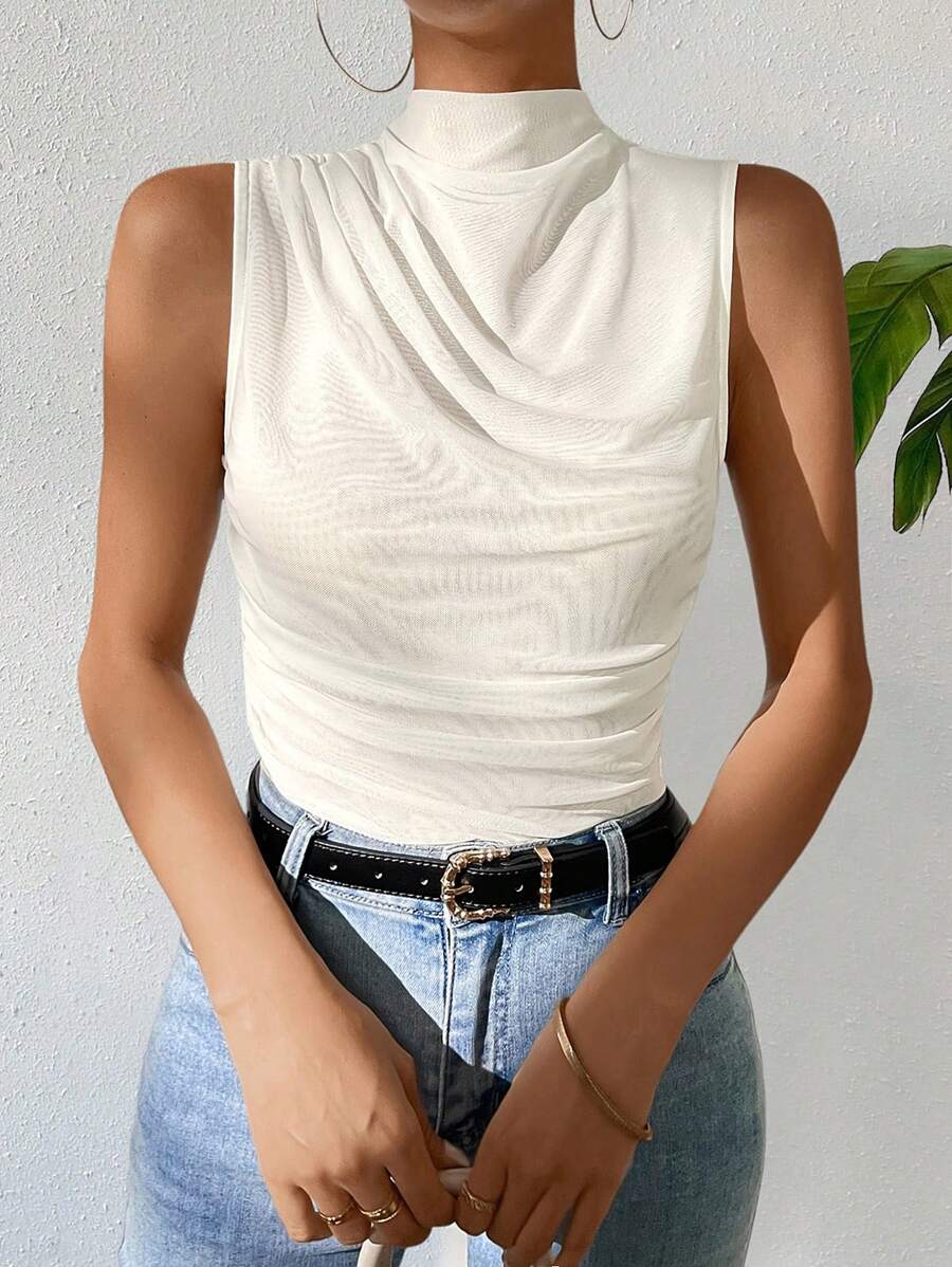 SHEIN Essnce Mock Neck Ruched Tank Top - White - View 1