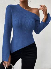 Chiquease Asymmetrical Neck Asymmetrical Hem Ribbed Knit Pullover Fall Winter Sweater - Royal Blue - View 5