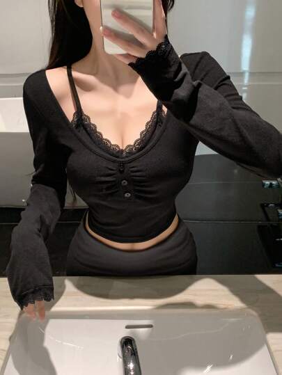 DAZY 纯色蕾丝边褶饰紧身胸衣短款 T 恤外出上衣长袖女式上衣