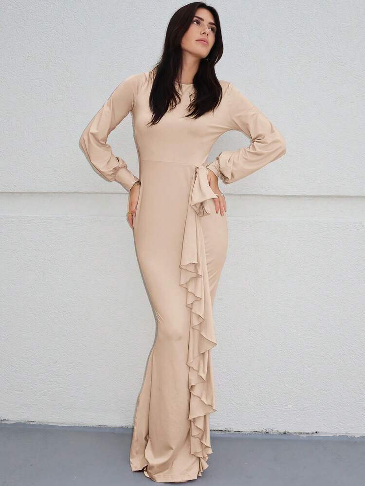 Ruffle Trim Lantern Sleeve Draped Mermaid Hem Dress