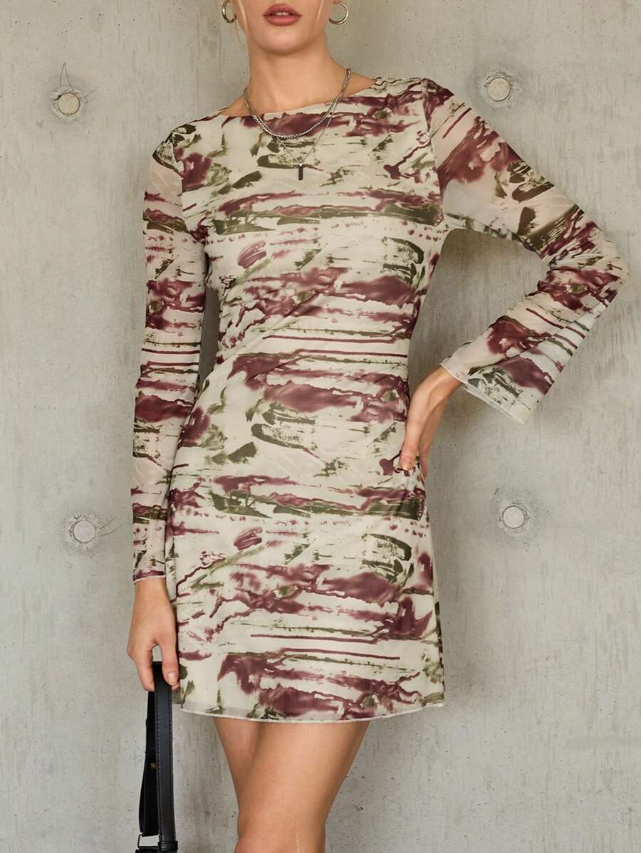 SHEIN Essnce Tie Dye Mesh Dress - Multicolor - View 1