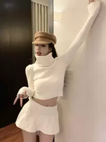 DAZY Solid High Neck Crop Sweater & Ribbed Knit Skirt,Fall Clothes - Yellow - View 3