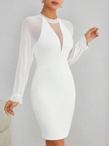 SHEIN Privé 網紗拼接插肩袖小高領緊身洋裝 - 白色 - 查看 5