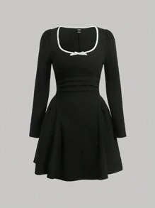 SHEIN MOD 撞色滾邊前蝴蝶結洋裝 - 黑色 - 查看 1
