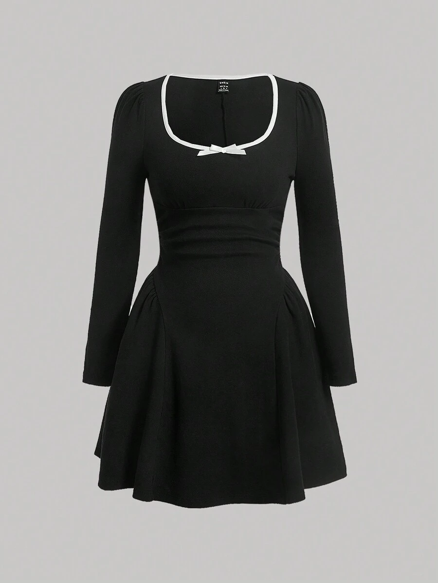 SHEIN MOD 撞色滾邊前蝴蝶結洋裝 - 黑色 - 查看 1