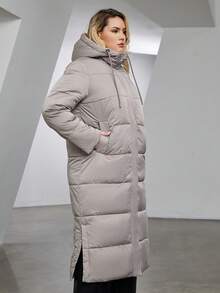 Astrid Plus Zip Up Drawstring Hooded Padded Coat - Beige - View 3