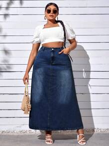 SHEIN SXY 大碼高腰牛仔半身裙 - 深色水洗藍 - 查看 3