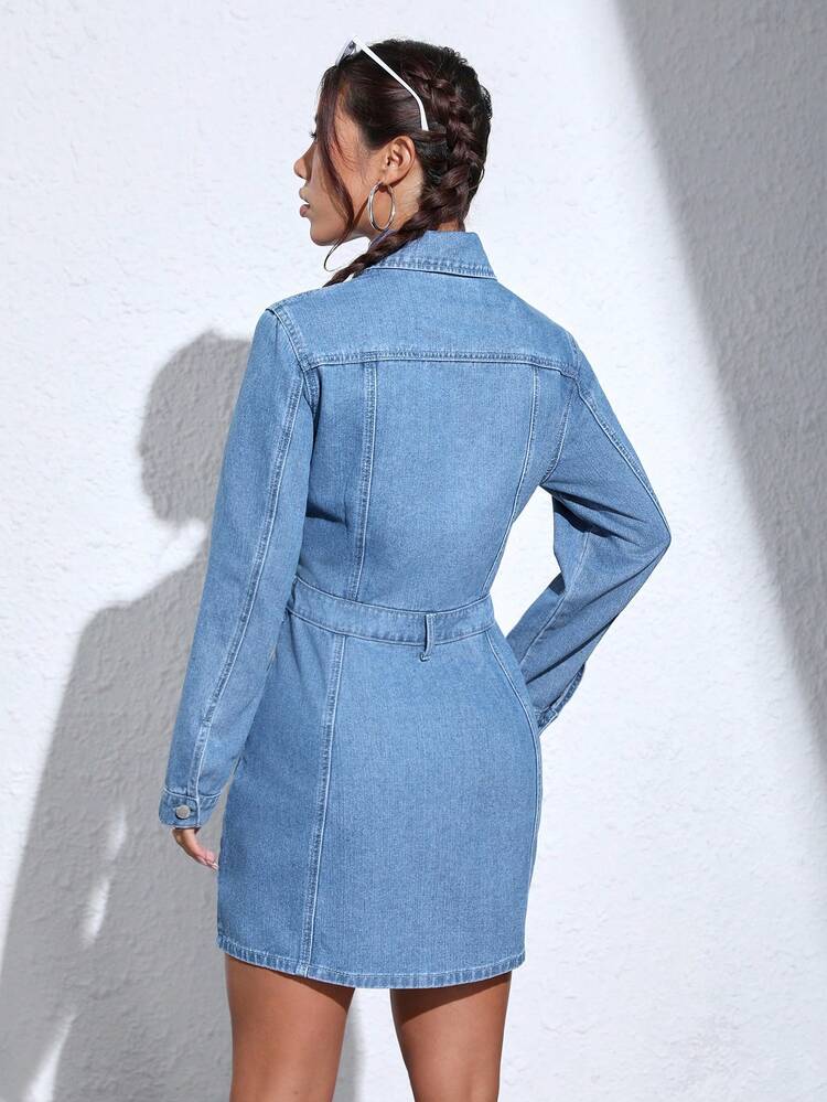 Flap Pocket Button Front Denim Dress