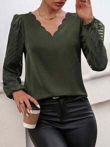 SHEIN Clasi Scallop Trim Lantern Sleeve Blouse - Army Green - View 4