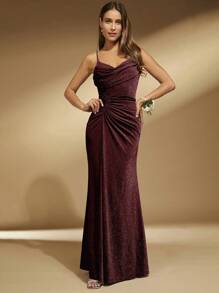 SHEIN Belle Váy dạ hội trang trọng màu đỏ tía xếp nếp phía trước lấp lánh, váy dự tiệc cưới, váy dạ hội - Màu Đỏ Sâu - Xem 7