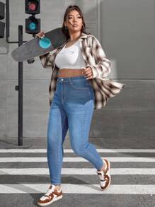 SHEIN EZwear 大碼拉絲織物保暖高腰漂白水洗緊身牛仔褲 - 藍色 - 查看 4